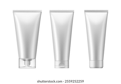 Blank plastic tube with cap mockup for cosmetics. Vector isolated set of realistic beauty products, lotions or shampoo, creams or toothpaste. Ointment or treatment for skin and body, packages