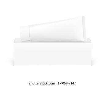 Blank plastic tube with cardboard box mockup. Front view. Vector illustration on white background. Can be use for your design, advertising, promo and etc. EPS10.