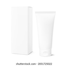 Blank plastic tube with cardboard box mockup. Front view. Vector illustration isolated on background. Can be use for your design, advertising, promo and etc. EPS10.	