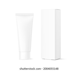 Blank plastic tube for cosmetics with cardboard box mockup. Front view. Vector illustration isolated on background. Can be use for your design, advertising, promo and etc. EPS10.	