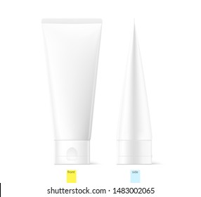 Blank plastic tube for cosmetics.  Front and side view. Vector illustration isolated on white background. Can be use for your design, advertising, promo and etc. EPS10. 