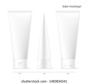 Blank plastic tube for cosmetics.  Front, back and side view. Vector illustration isolated on white background. Can be use for your design, advertising, promo and etc. EPS10. 