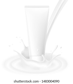 Blank plastic tube for cosmetics with milk splashes and drops.  Front view. Vector illustration isolated on white background. Can be use for your design, advertising, promo and etc. EPS10. 