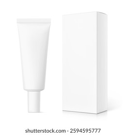 Blank plastic tube for cosmetics with paperboard box mockups. Vector illustration isolated on white background. Can be use for your design, advertising, promo and etc. EPS10.