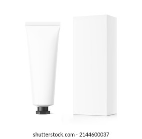 Blank plastic tube mockup with black octagonal cap and box. Vector illustration isolated on white background. Can be use for your design, advertising, promo and etc. EPS10.	