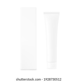 Blank plastic tube mockup with box. Vector illustration isolated on white background. Can be use for your design, advertising, promo and etc. EPS10.	