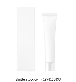 Blank plastic tube mockup with box. Vector illustration isolated on white background. Can be use for your design, advertising, promo and etc. EPS10.	