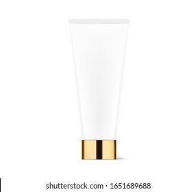 Blank plastic tube mockup for cosmetics with gold cap. Front view. Vector illustration isolated on white background. Can be use for your design, advertising, promo and etc. EPS10.	