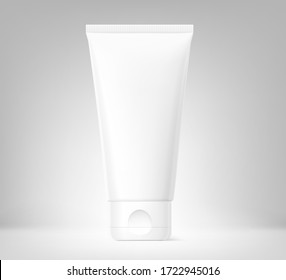 Blank plastic tube mockup for cosmetics with cap. Front view. Vector illustration on grey background. Can be use for your design, advertising, promo and etc. EPS10.