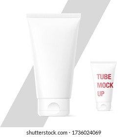Blank plastic tube mockup for cosmetics with cap. Front view. Vector illustration. Can be use for your design, advertising, promo and etc. EPS10.	