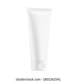 Blank plastic tube mockup for cosmetics with cap. Perspective view. Vector illustration isolated on white background. Can be use for your design, advertising, promo and etc. EPS10.