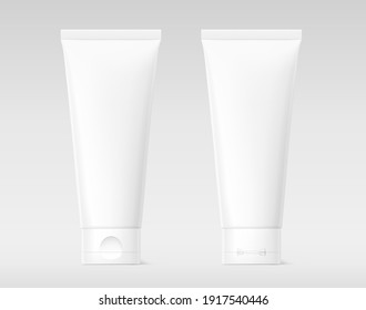 Blank plastic tube mockup for cosmetics with cap. Front and rear view. Vector illustration. Can be use for your design, advertising, promo and etc. EPS10.	