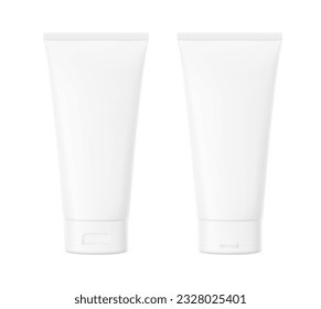 Blank plastic tube mockup for cosmetics with cap. Front and side view. Vector illustration isolated on white background. Can be use for your design, advertising, promo and etc. EPS10.