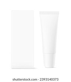 Blank plastic tube mockup for cosmetics with packaging. Front view. Vector illustration isolated on white background. Can be use for your design, advertising, promo and etc. EPS10.