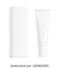 Blank plastic tube mockup for cosmetics with paperboard box packaging. Front view. Vector illustration isolated on white background. Can be use for your design, advertising, promo and etc. EPS10.
