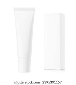 Blank plastic tube mockup for cosmetics with paperboard box packaging. Front view. Vector illustration isolated on white background. Can be use for your design, advertising, promo and etc. EPS10.
