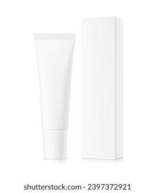 Blank plastic tube mockup for cosmetics with paperboard box packaging. Front view. Vector illustration isolated on white background. Can be use for your design, advertising, promo and etc. EPS10.