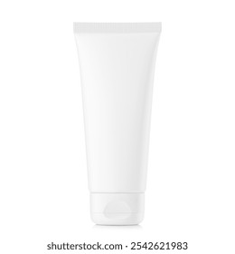 Molde de tubo de plástico em branco para cosméticos com tampa. Vista frontal. Ilustração vetorial isolada sobre fundo branco. Pode ser usado para o seu design, publicidade. EPS10	