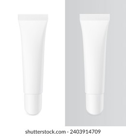 Blank plastic tube mockup for lip balm with cap. Front view. Vector illustration isolated on white background. Can be use for your design, advertising, promo and etc. EPS10.