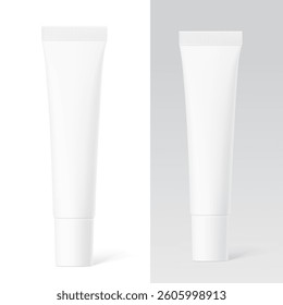 Blank plastic tube mockup for lip balm, eye cream with cap. Front view. Vector illustration isolated on white and grey background. Can be use for your design, advertising, promo and etc. EPS10.