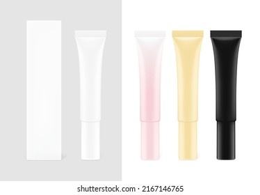 Blank plastic tube mockup with samples and box. Vector illustration isolated on white background. Front view. Can be use for your design, advertising, promo and etc. EPS10.	