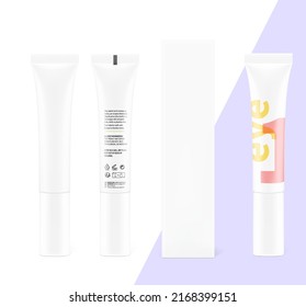 Blank plastic tube mockup with samples and box. Vector illustration isolated on white background. Front view. Can be use for your design, advertising, promo and etc. EPS10.	