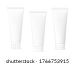 Blank plastic tube mockup set for cosmetics with cap. Front view. Vector illustration isolated on white background. Can be use for your design, advertising, promo and etc. EPS10.	