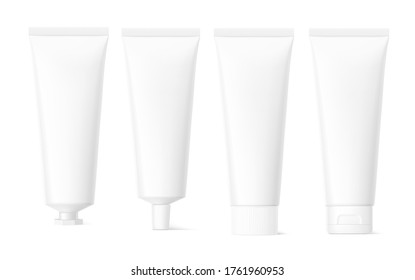 Blank plastic tube mockup set for cosmetics with cap. Front view. Vector illustration isolated on white background. Can be use for your design, advertising, promo and etc. EPS10.	
	