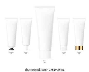 Blank plastic tube mockup set for cosmetics with cap. Front view. Vector illustration isolated on white background. Can be use for your design, advertising, promo and etc. EPS10.	
