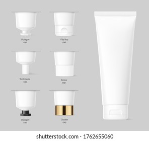 Blank plastic tube mockup set for cosmetics with cap. Front view. Vector illustration on grey background. Can be use for your design, advertising, promo and etc. EPS10.	