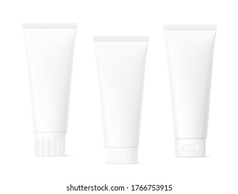 Blank plastic tube mockup set for cosmetics with cap. Front view. Vector illustration isolated on white background. Can be use for your design, advertising, promo and etc. EPS10.	