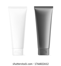 Blank plastic tube mockup set for cosmetics with cap. Front view. Vector illustration isolated on white background. Can be use for your design, advertising, promo and etc. EPS10.	