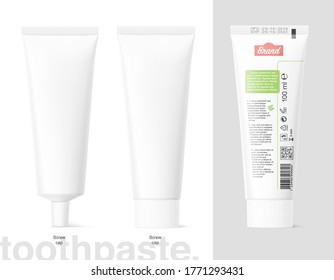 Blank plastic tube mockup set for cosmetics with cap and information. Front view. Vector illustration isolated on white background. Can be use for your design, advertising, promo and etc. EPS10.	