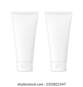 Blank plastic tube mockup with two types caps. Front view. Vector illustration isolated on white background. Can be use for your design, advertising, promo and etc. EPS10.