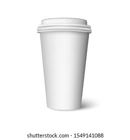 Blank plastic white cup for hot drink. Realistic coffee, tea or chocolate cup with cap. Vector mock up isolated on white background with shadow. 