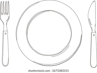 Blank plate with fork and knife. Hand drawn Simple line art illustration vector.
