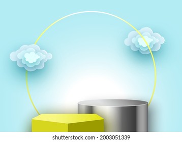 Blank podium with clouds. Pedestal. Cosmetic products display platform. Exhibition stand. Vector illustration.