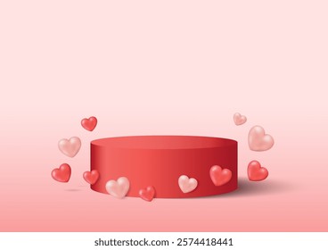 Blank podium decorate with glossy red and pink hearts design element on background for Valentine's day, Vector illustration