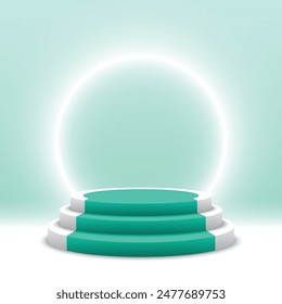 Blank podium with glowing ring. Round pedestal. Cosmetic products display platform. 3d render stage. Exhibition stand. Vector illustration.