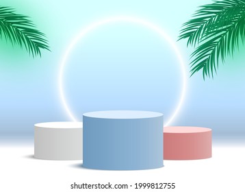 Blank podium with palm leaves and glowing ring. Round pedestal. Cosmetic products display platform. 3d render stage. Exhibition stand. Vector illustration.