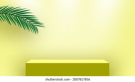 Blank podium with palm leaves. Pedestal. Cube. Products display platform. 3d render stage. Exhibition stand. Vector illustration.