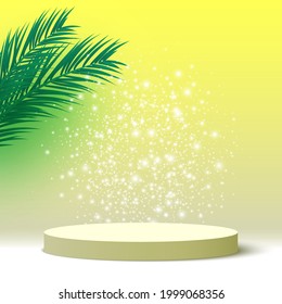 Blank podium with palm leaves. Round pedestal. Cosmetic products display platform. 3d render stage. Exhibition stand. Vector illustration.