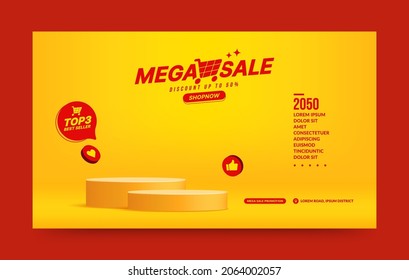 Blank podium scene for social media post, two pedestal stages for product presentation isolated on yellow background.