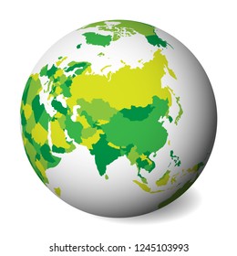 Blank political map of Asia. 3D Earth globe with green map. Vector illustration.