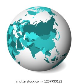 Blank political map of Asia. 3D Earth globe with turquoise blue map. Vector illustration.