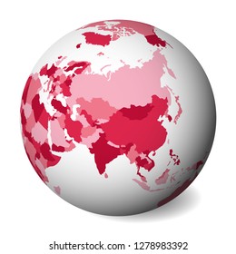 Blank political map of Asia. 3D Earth globe with pink map. Vector illustration.