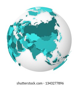 Blank political map of Asia. 3D Earth globe with turquoise blue map. Vector illustration.