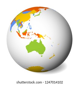 Blank political map of Australia. 3D Earth globe with colored map. Vector illustration.