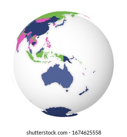 Blank political map of Australia. 3D Earth globe with colored map. Vector illustration.
