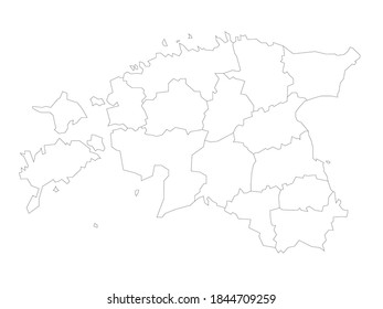 Mapa político en blanco de Estonia. Divisiones administrativas - condados. Mapa del vector de contorno negro simple